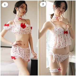 Set Bộ Đồ Ngủ Nữ Cosplay Lolita Sexy Họa Tiết Quả Dâu Cute Nhưng Vẫn Sexy Gợi Cảm Khó Cưỡng