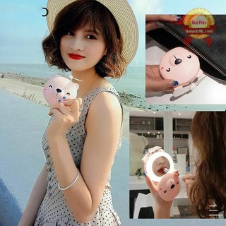 AN Quạt cầm tay hình con heo 3in1 ( Fan+led+Gương) | Quạt tích điện mini gương