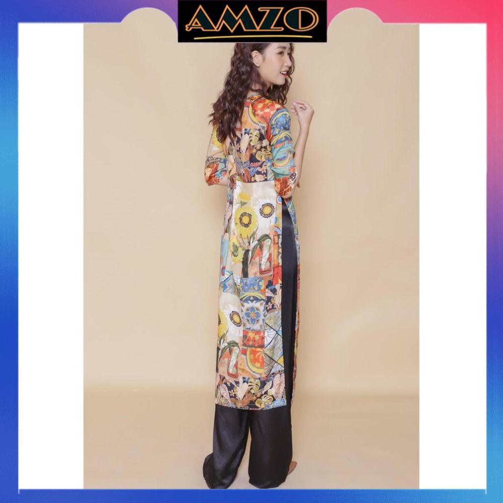 Áo Dài Nữ Cách Tân, Áo Dài May Sẳn Cổ Tròn Chất Lụa Cao Cấp Co Giãn Hoạ Tiết Hoa Hướng Dương. | BigBuy360 - bigbuy360.vn