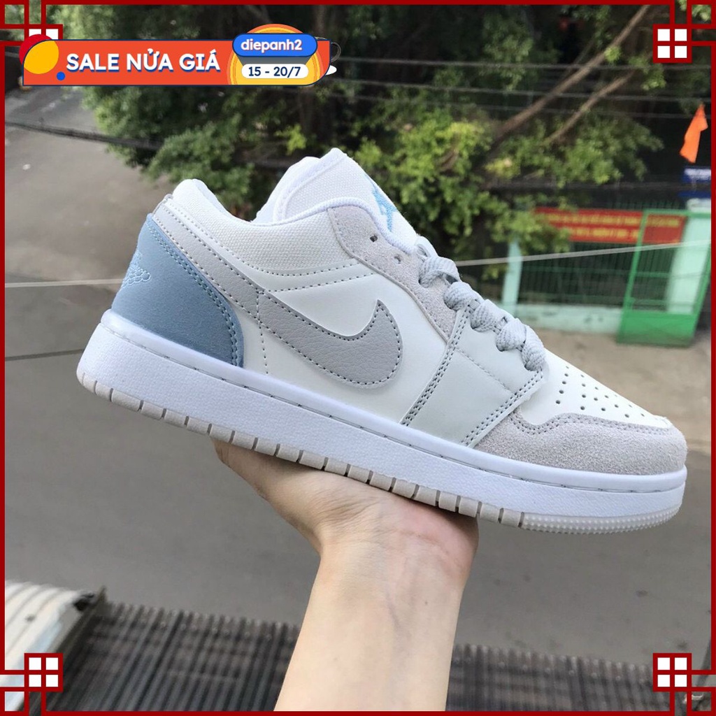 Combo Giày Jordan Paris JD1 Cổ Thấp Gót Xanh, Giày Jodan Low Thấp Cổ Nam Nữ
