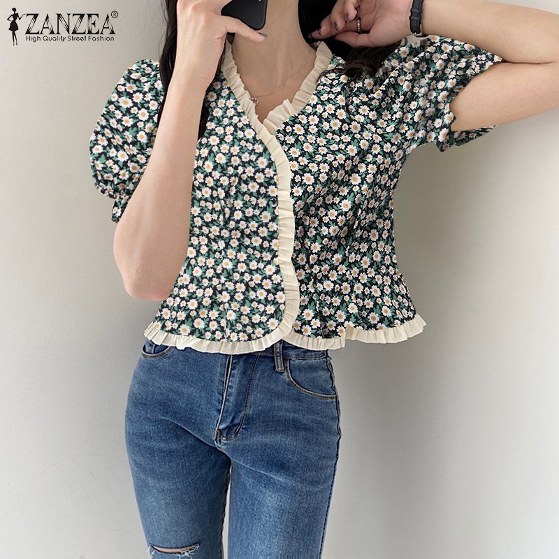 Áo Zanzea kiểu tay phồng cổ chữ v in họa tiết hoa phong cách Hàn Quốc thời trang cho nữ