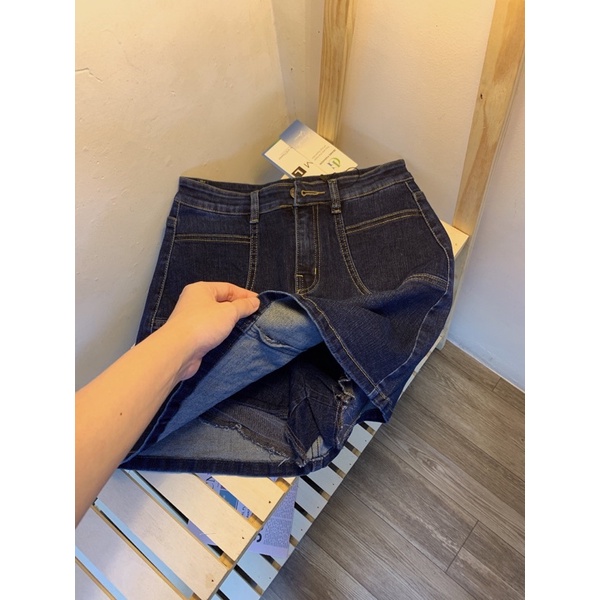 Chân Váy Jeans Chữ A Co Dãn 2 Túi Cạp Cao