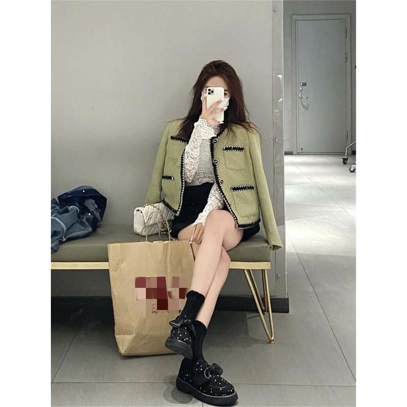 Áo dạ tweed xanh cốm siêu xinh phong cách tiểu thư thu đông