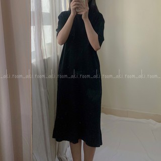 Váy len gân suông sọc dọc cổ tròn cộc tay chất dày mịn