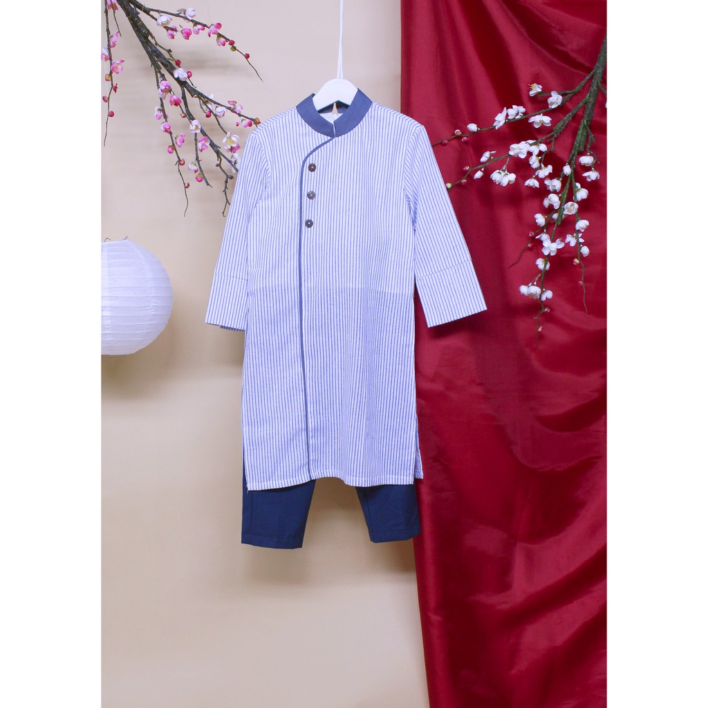 Áo dài bé trai 2020 linen phối sọc xanh từ 16kg - 45kg để đi chơi TAD007 - JADINY