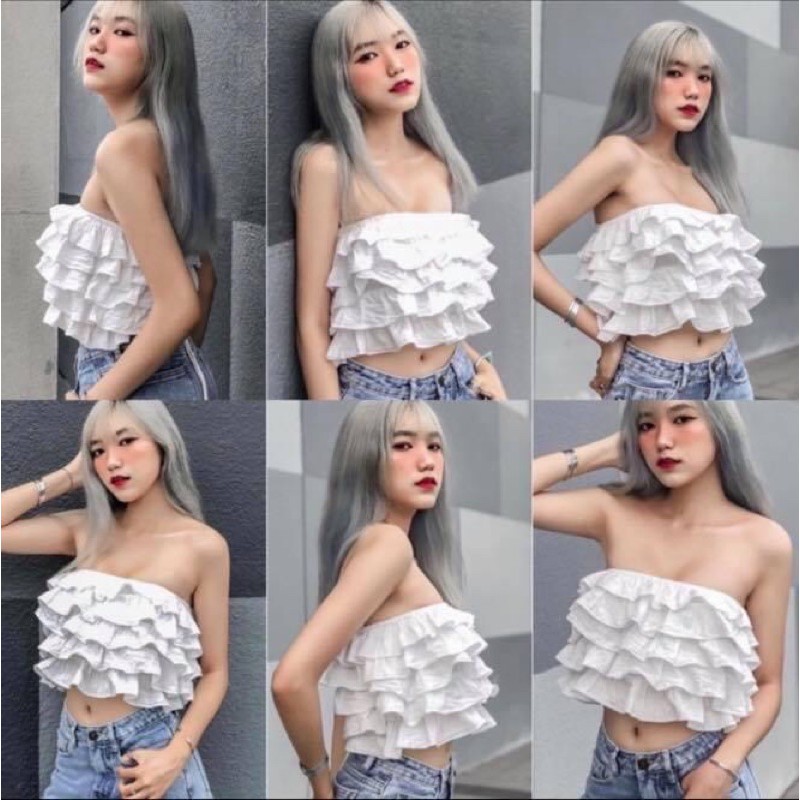 Áo ống croptop cúp ngực peplum tầng phồng trơn lưng đan dây cao cấp - Order taobao quảng châu