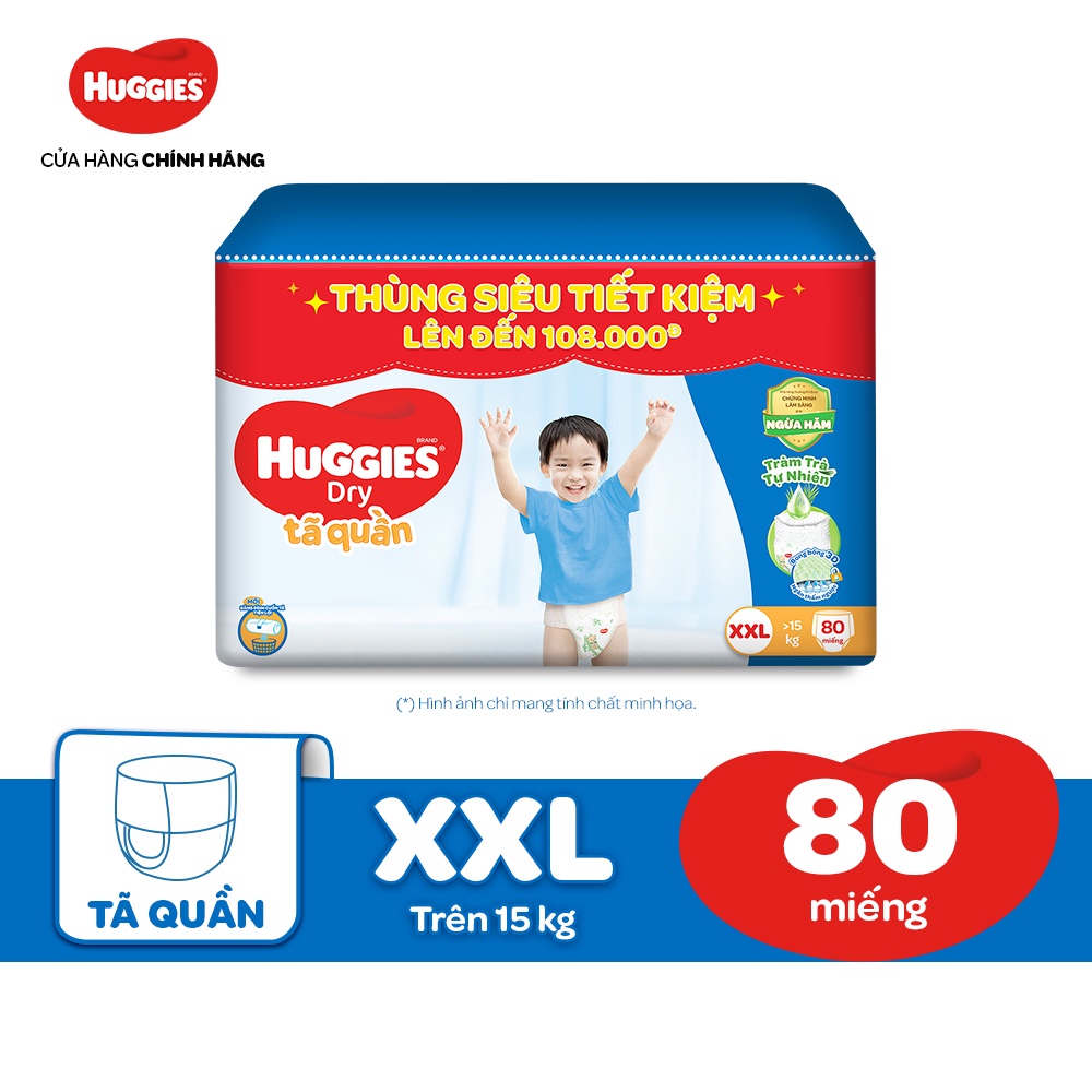 [HUGAPRSUP GIẢM 10% max 60k] Thùng Tã quần Huggies Tràm Trà Tự Nhiên Dry Pants Mega Jumbo M120/L104/XL88/XXL80