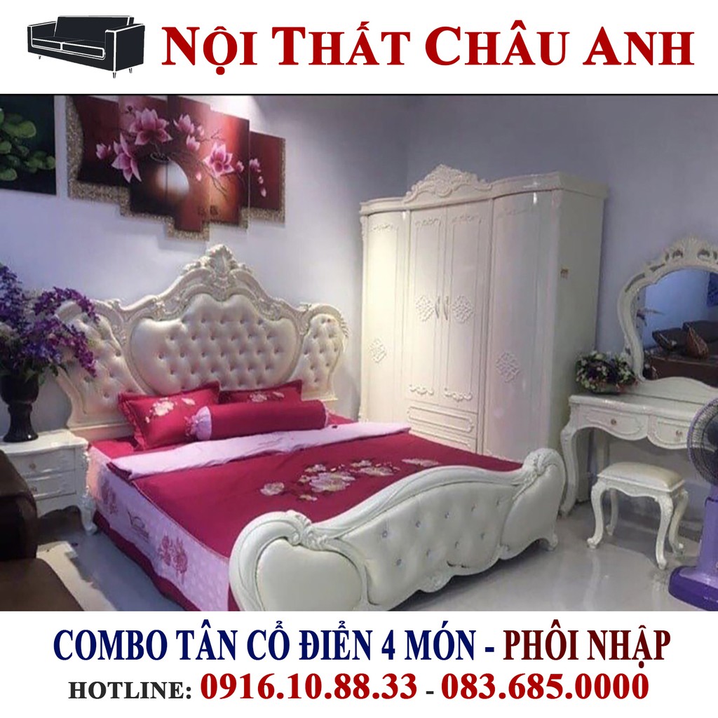 [Hàng Thủ Công] Combo Phòng Ngủ Tân Cổ Điển - Giường, Bàn Phấn, Tủ Quần Áo 4 Cánh - Phôi Nhập