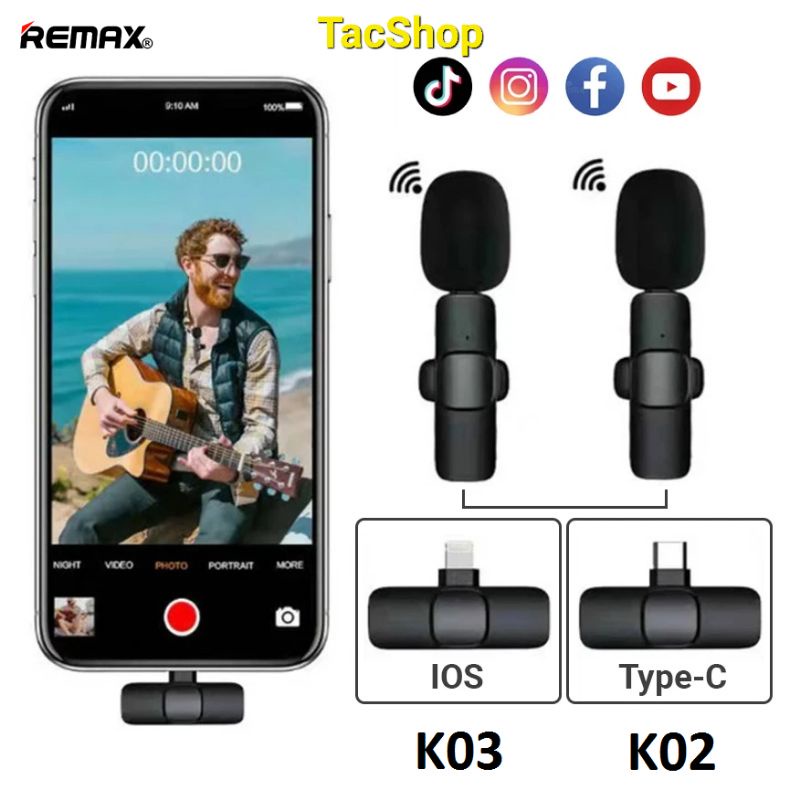 Micro thu âm không dây Remax K02/K03 cho điện thoại hỗ trợ Livestream