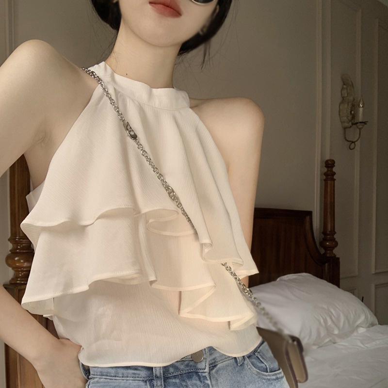 Áo Hai Dây Phối Bèo Màu Trơn Phong Cách Vintage Thời Trang Cho Nữ