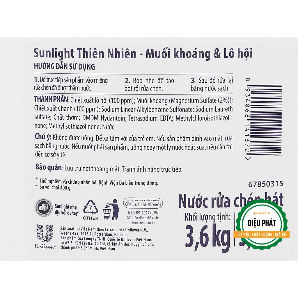 ⚡️ Nước Rửa Chén Sunlight Extra Thiên Nhiên Muối Khoáng Và Lô Hội Can 3.48 Lít