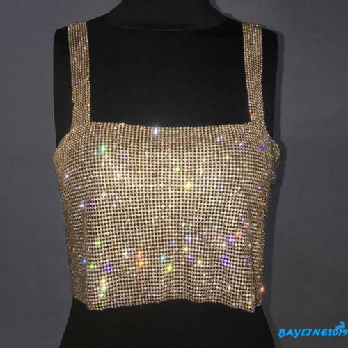 Áo croptop hai dây màu trơn phối kim sa phong cách hè dành cho phái nữ