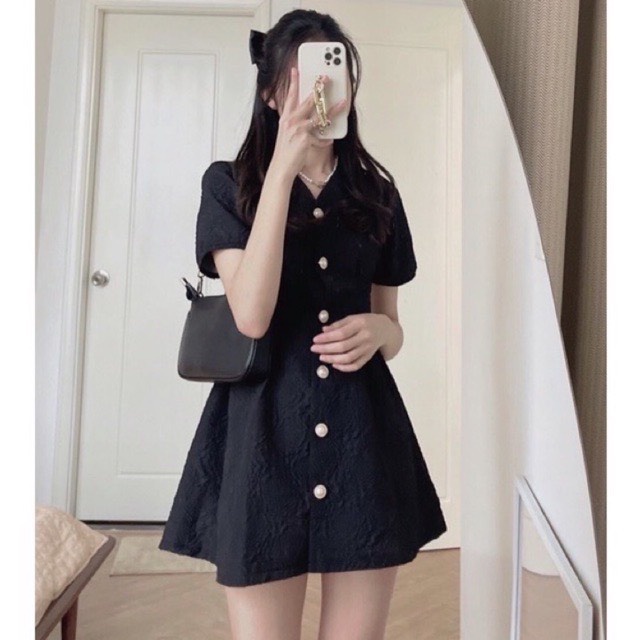 Váy xốp gấm Forgirl basic cổ V tay bồng hở lưng phối cúc ngọc phong cách Hàn quốc