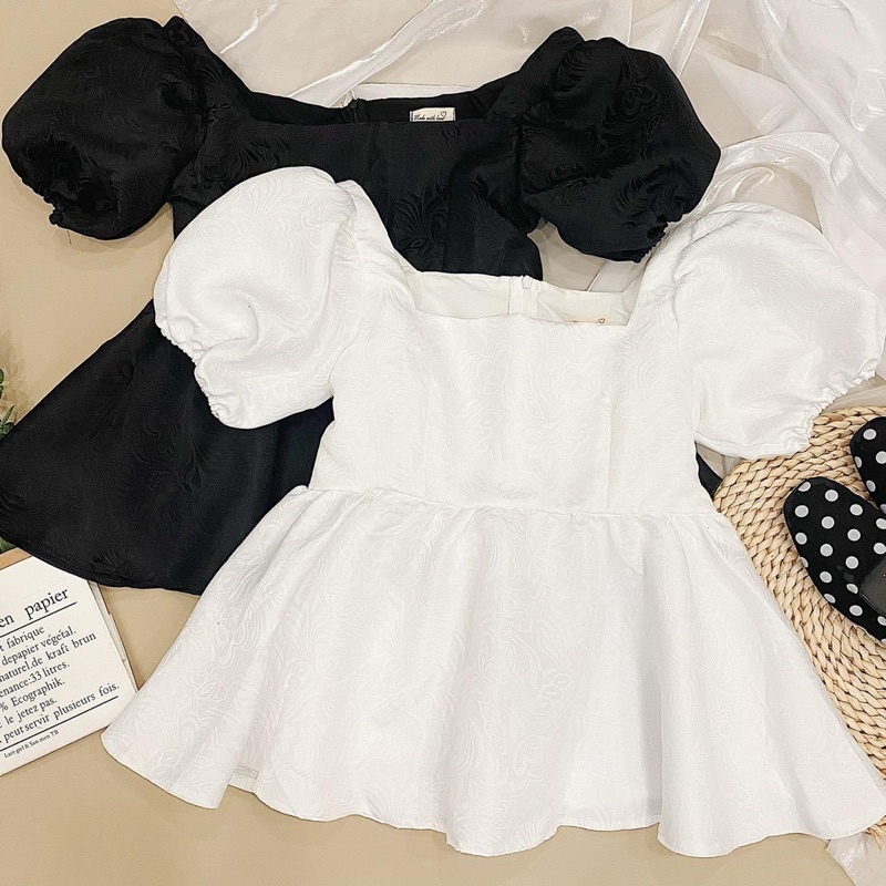 Áo Kristy Babydoll màu đen Tay Phồng Cổ Vuông, Áo Kiểu Nữ Tay Bồng Dây Nơ Cột Sau Chất Vải Gấm Cao Cấp Đứng Form