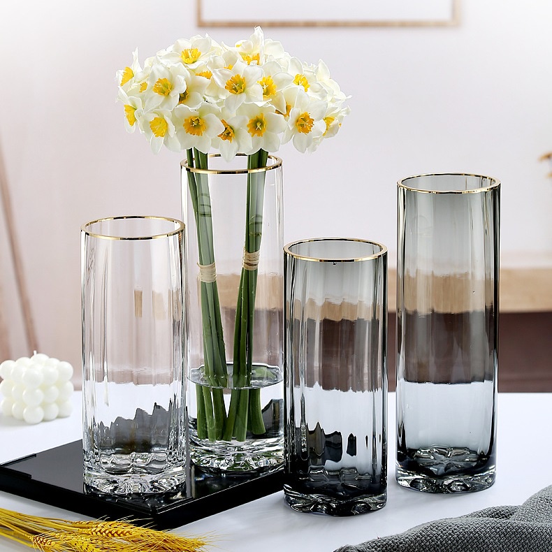 Lọ hoa thuỷ tinh bình hoa cao cấp trang trí nhà cửa kiểu dáng hình trụ viền miệng vàng - Daisy.decor - Hàng có sẵn