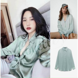 ANU329 - ÁO SƠ MI NỮ LỤA XANH NGỌC DÀI TAY