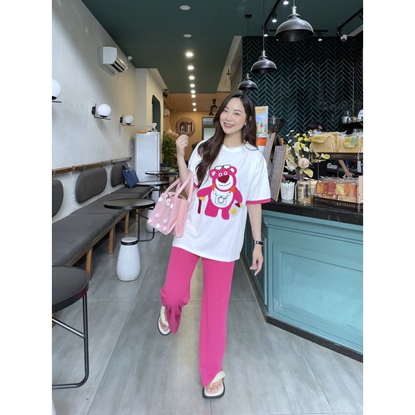 Set áo cotton gấu hồng thêu quần suông hình thật K3