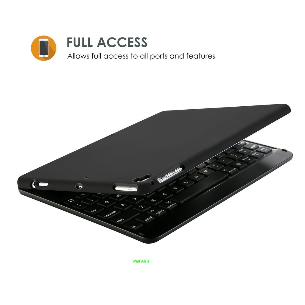 Bàn phím kiêm ốp lưng cho iPad Air 2 xoay 360 độ (Đen).Sản phẩm hot năm 2018 Tặng cáp sạc iPhone có đèn LED