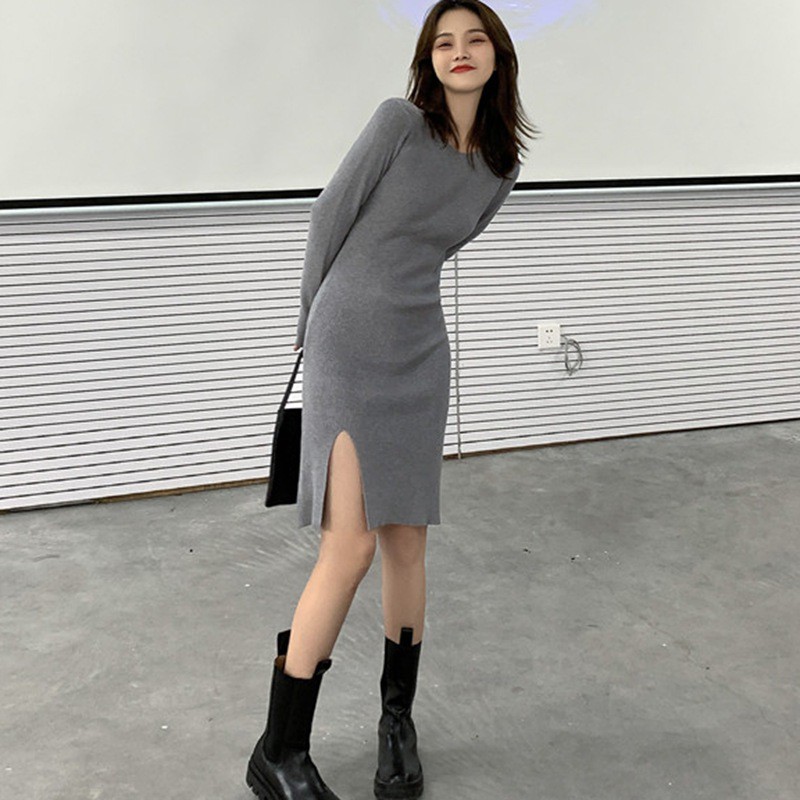 Đầm Tay Dài Cổ Tròn Dáng Ôm Xẻ Tà Quyến Rũ Dành Cho Nữ