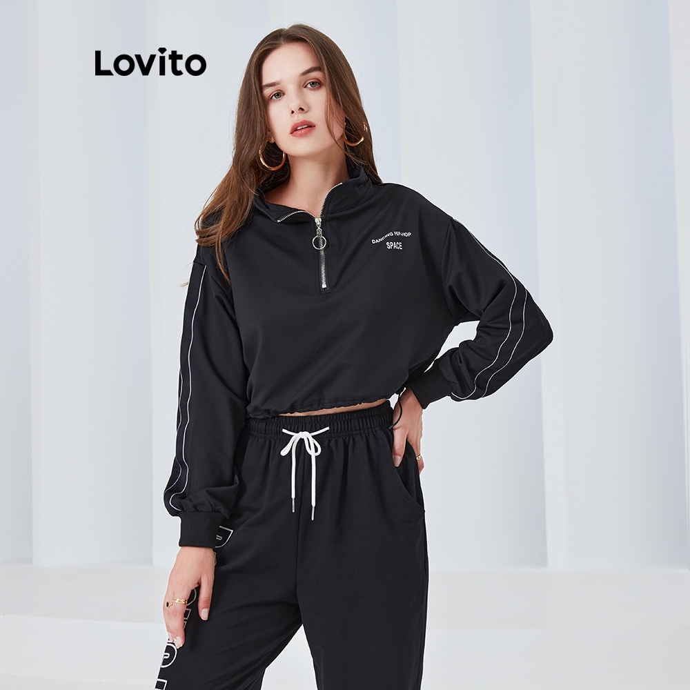 Áo sweatshirt thể thao Lovito dáng rộng dây rút có khoá kéo in họa tiết chữ L04072 (màu đen) | BigBuy360 - bigbuy360.vn