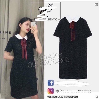 Váy phối cổ sơ mi nơ đỏ