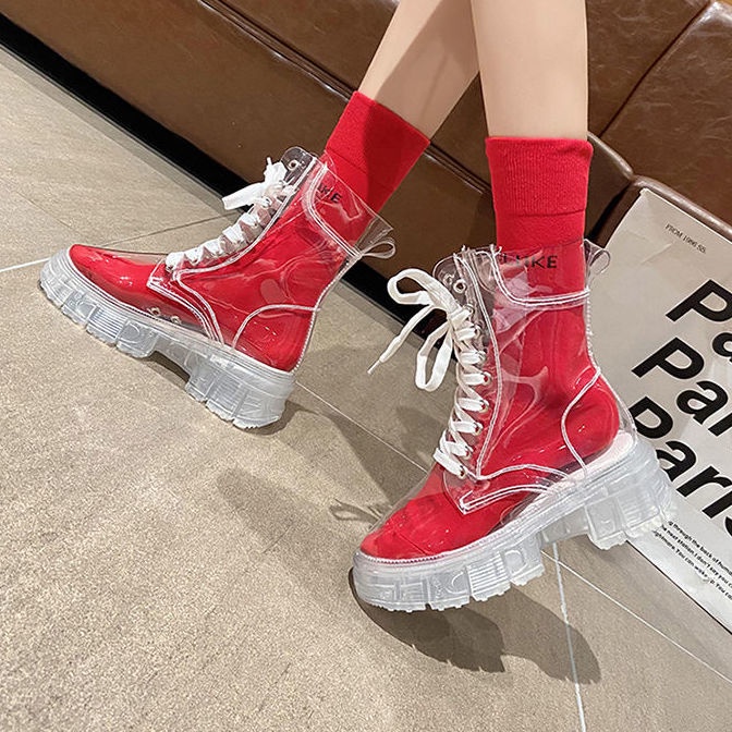 Giày bốt martin đi mưa đế dày trong suốt thoáng khí thắt dây sành điệu cho nữ