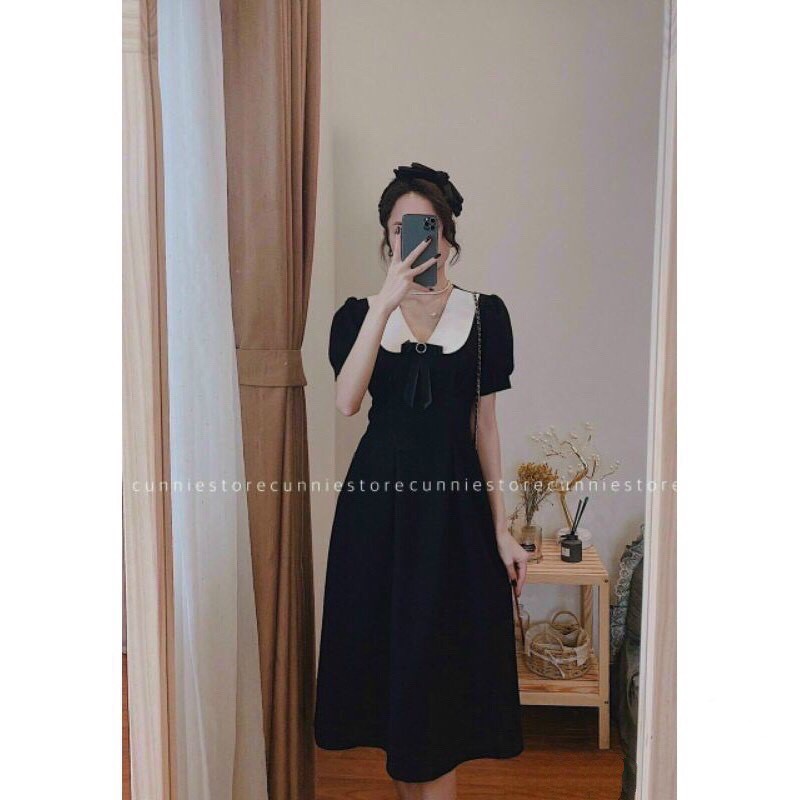 Váy Đen Cổ Bèo Trắng - Đầm Nữ Đẹp Cổ Sen Tay Bồng Maxi Dáng Chữ A