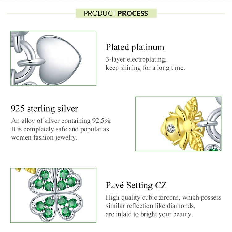 Hạt Charm Bamoer BSC303 Bằng Bạc 925 Đính Con Ong Cỏ Ba Lá Trái Tim Phong Cách Cổ Điển Làm Vòng Đeo Tay/ Dây Chuyền DIY