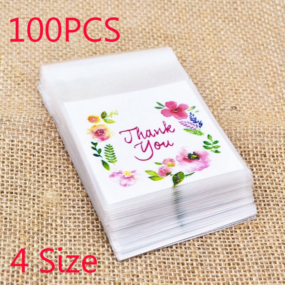 Set 100 túi đựng bánh in hình hoa và chữ Cảm ơn