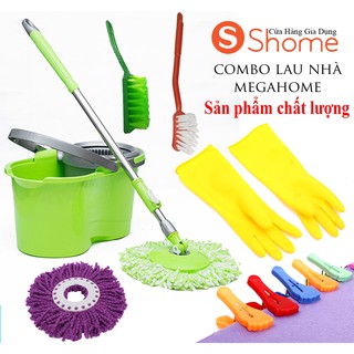 Bộ thùng lau nhà Megahome độ kèm bao tay, 2 bàn chải, 5 kẹp, bông lau