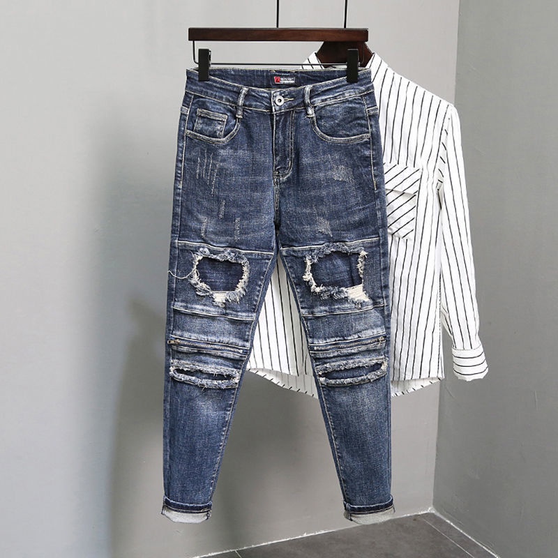 Quần Jeans Dài Phối Vết Rách Cá Tính Cho Nam