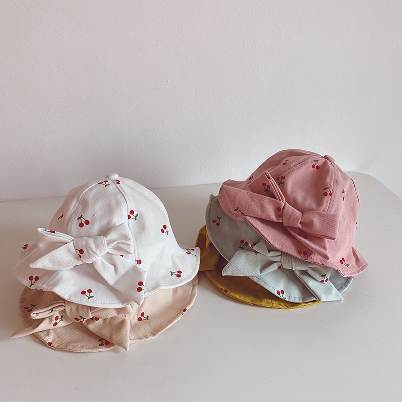 Mũ vành rộng vải cotton mềm in họa tiết trái cây đính nơ thời trang mùa hè cho bé gái