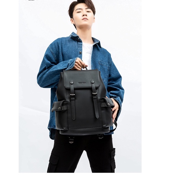 Balo nam da xịn béo đựng a4 laptop cặp đeo đi học túi đen trơn da đơn giản phong cách thời trang KINDEE
