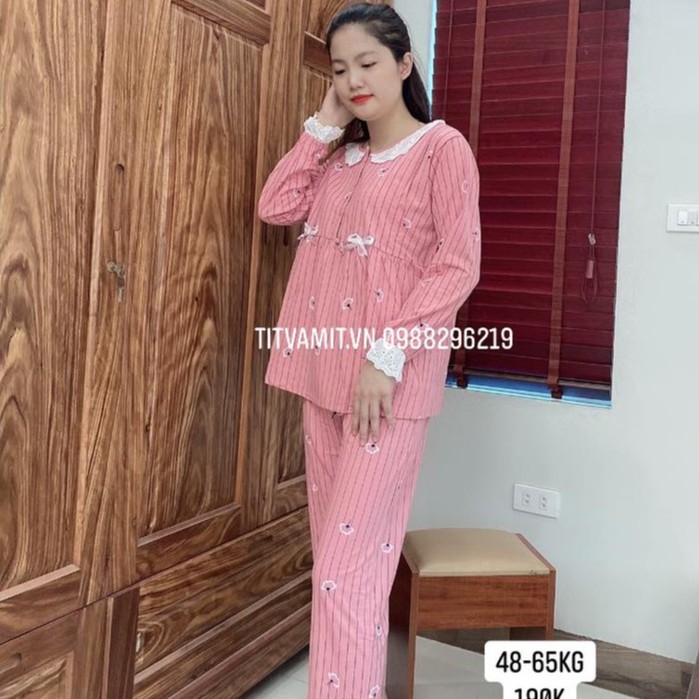 Bộ bầu sau sinh 2in1 cotton viền ren áo mở khóa ngực, quần có chun chỉnh cỡ to nhỏ