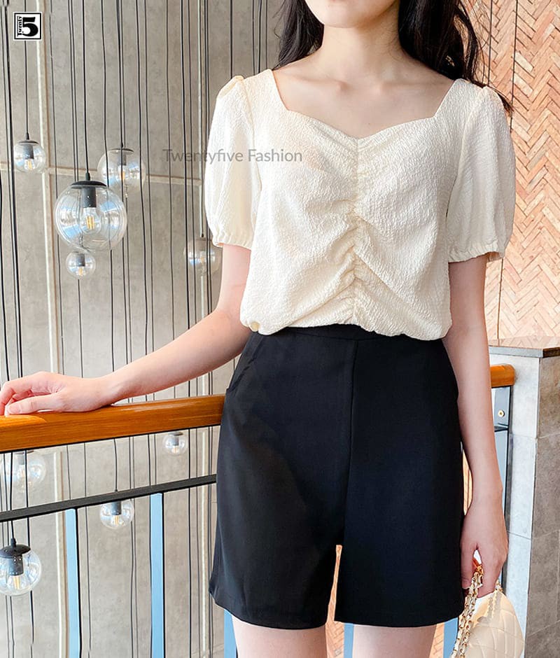 Áo kiểu nữ croptop bo chun tay eo rút nhún ngực chất thô xốp Twentyfive N174