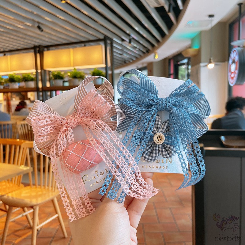 Bộ 2 kẹp tóc đính nơ ren và trang trí nhân vật hoạt hình xinh xắn đáng yêu cho bé gái