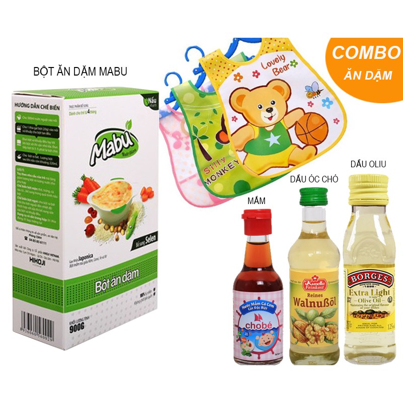 Combo bột ăn dặm mabu+dầu óc chó+oliu+mắm+yếm ăn cho bé