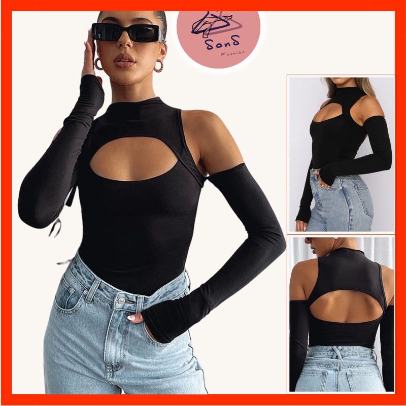 Bodysuit tay dài nữ sexy, jumpsuit Chipu khoét eo cao, cổ cắt, hở vai, tay dài, áo trơn phá cách, đồ đi bar gợi cảm | WebRaoVat - webraovat.net.vn