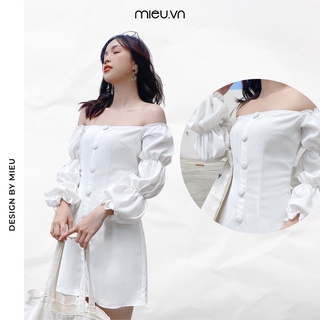 Đầm bẹt vai 3 búp màu trắng - FM34