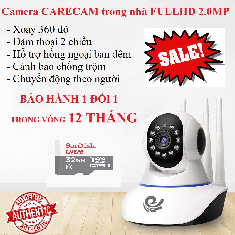 CAMERA WIFI KHÔNG DÂY YOOSEE/CARECAM FULL HD + KÈM THẺ NHỚ 32GB