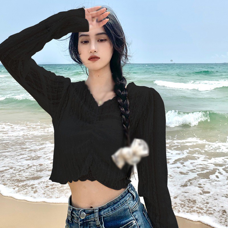 Áo Tay Dài Phối Ren Hoa Thiết Kế Cổ Chữ V Quyến Rũ