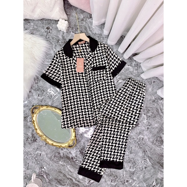 Bộ lụa ngắn tay hãng sam choco áo ngắn tay quần dài bộ mặc nhà đẹp bộ pijama cao cấp