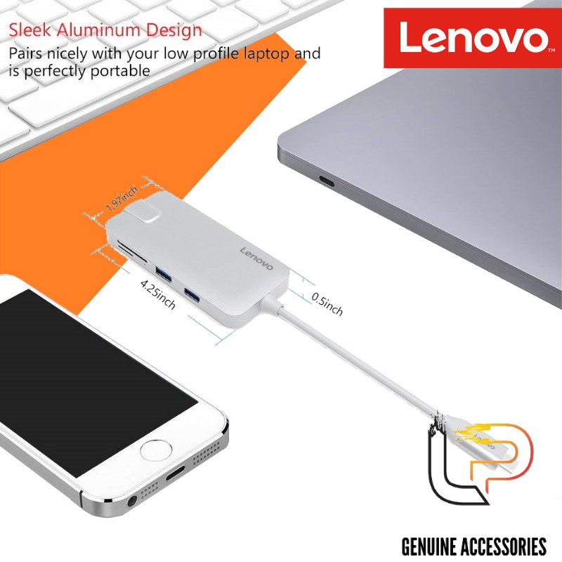 BỘ CHUYỂN TYPE-C RA 2 USB 3.0 + USB 2.0 + HDMI + LAN + TF/SD LENOVO C106SL - C106GY