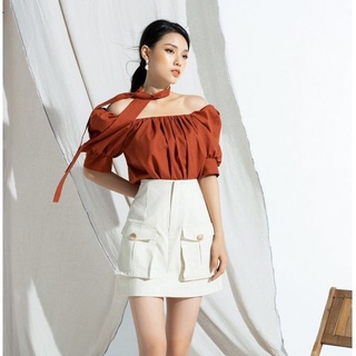 Áo kiểu cổ vuông xếp li - Baby doll top with belt