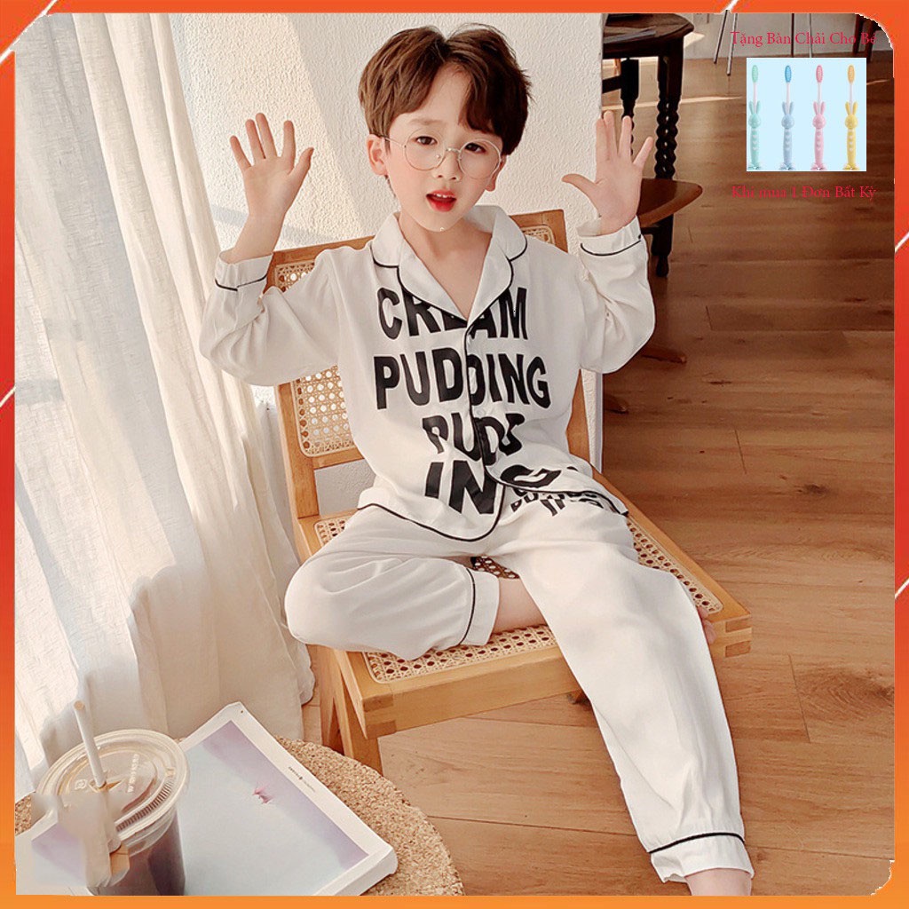 Bộ Pijama lụa dài tay in chữ cho bé từ 6-28Kg, Bộ đồ ngủ dài tay cho bé trai và bé gái mặc đều xinh TRANGSTORE