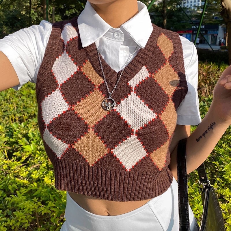 Áo gile len cộc tay dáng croptop phong cách Âu Mỹ