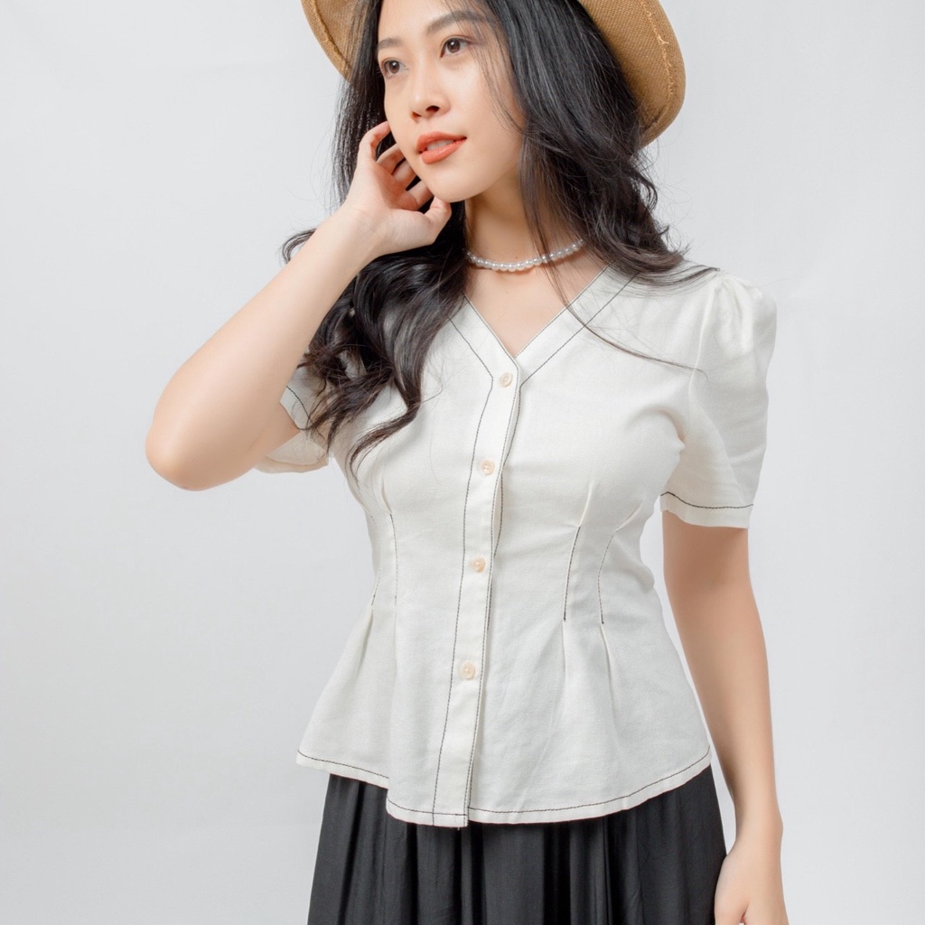 Áo kiểu phối viền cổ tim nữ FM style tiểu thư tay bông mặc đi chơi đi làm thanh lịch tiểu thư 210930050