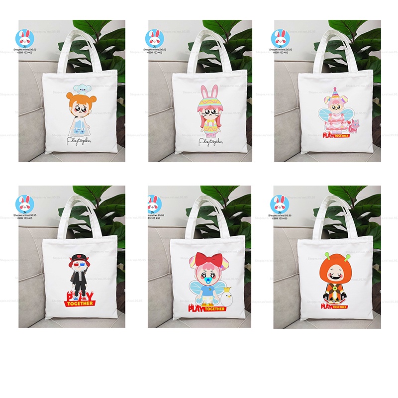 Túi Tote,Túi Vải Canvas Play Together đựng đồ phong cách Hàn Quốc có khóa kéo in hình cực nét