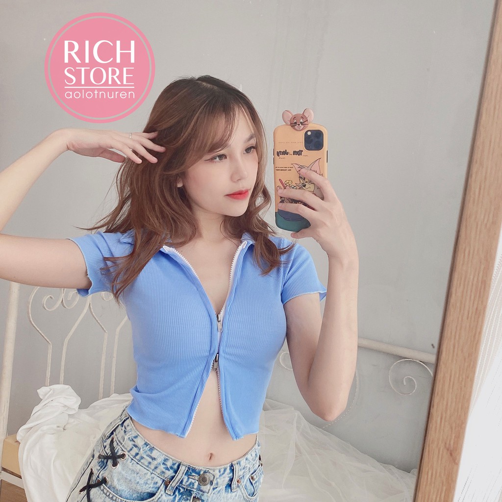 [Mã WAMT10K giảm 10k cho đơn 0k] Áo croptop dây kéo sexy có cổ 4 màu RICH STORE CRT66