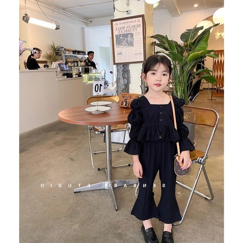 [Babycat] Hàng Có Sẵn Bộ Áo Cổ Vuông + Quần Ống Loe Phong Cách Hàn Quốc Nhật Bản Thời Trang Mùa Thu Tinh Tế Cho Bé Gái